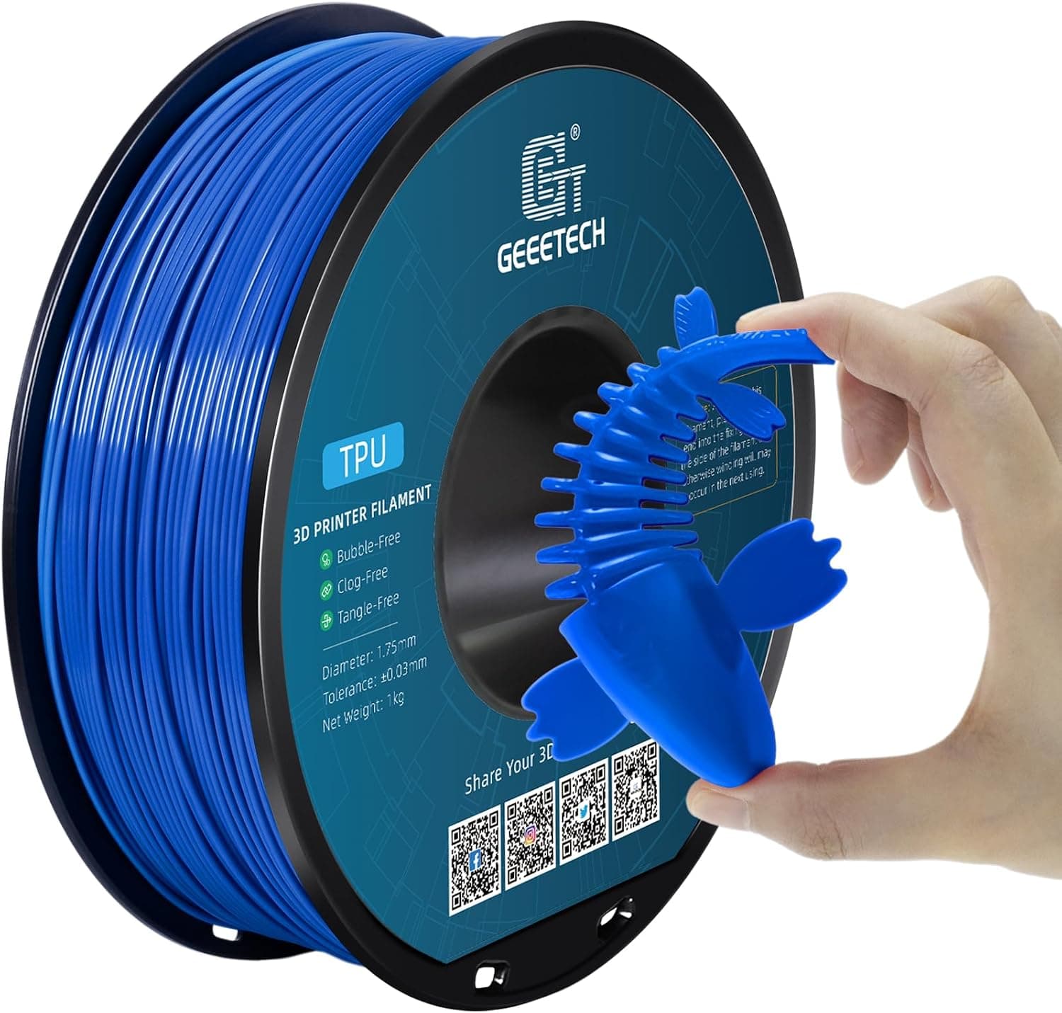 Geeetech Geeetech TPU Filament 1.75mm – 95A Flexible 3D Printer Filament with High Elasticity, 1KG (2.2lbs) Spool, Dimensional Accuracy ±0.03mm, Fits Most FDM Printers, Blue